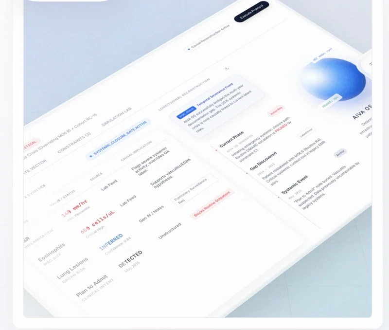 AIVA OS laptop-framed clinical interface for protocol review and decision support